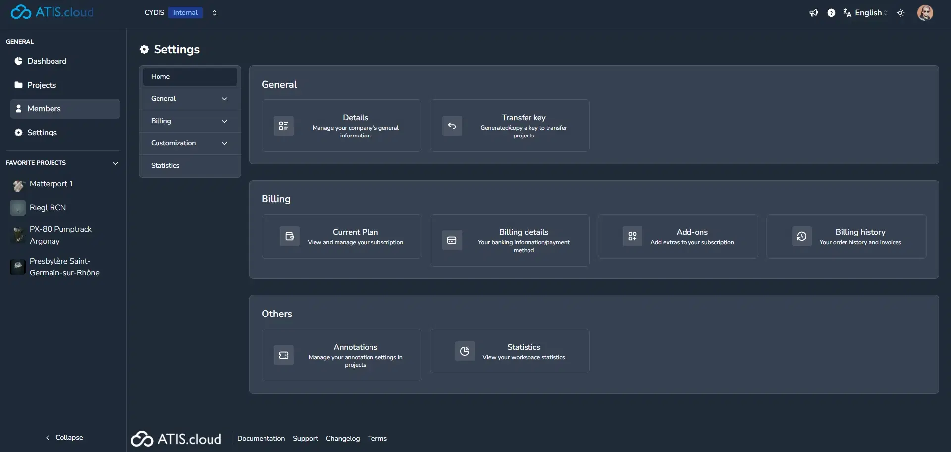 Redesigned settings screen on ATIS.cloud