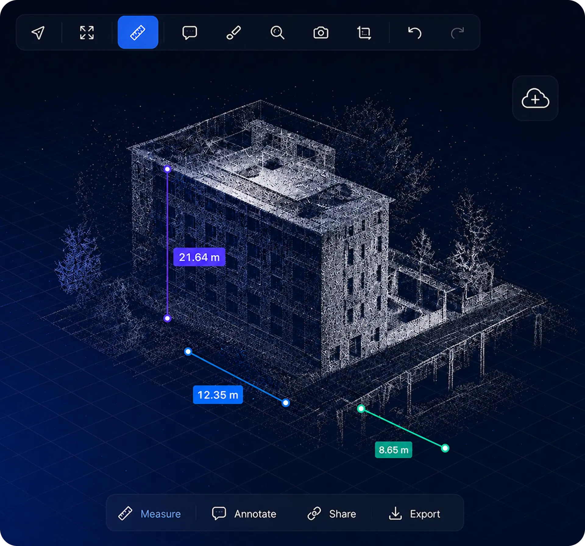 Meetinterface van ATIS.cloud, maten nemen op een 3D-puntenwolk