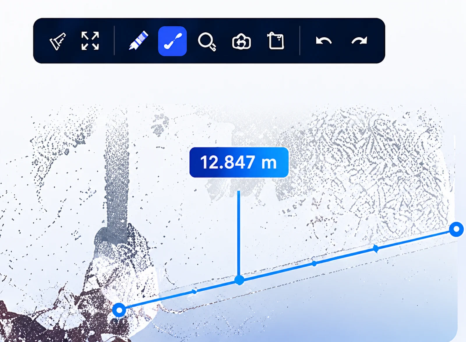 ATIS.cloud measurement and annotation tool, 12.847 m distance measured on a point cloud