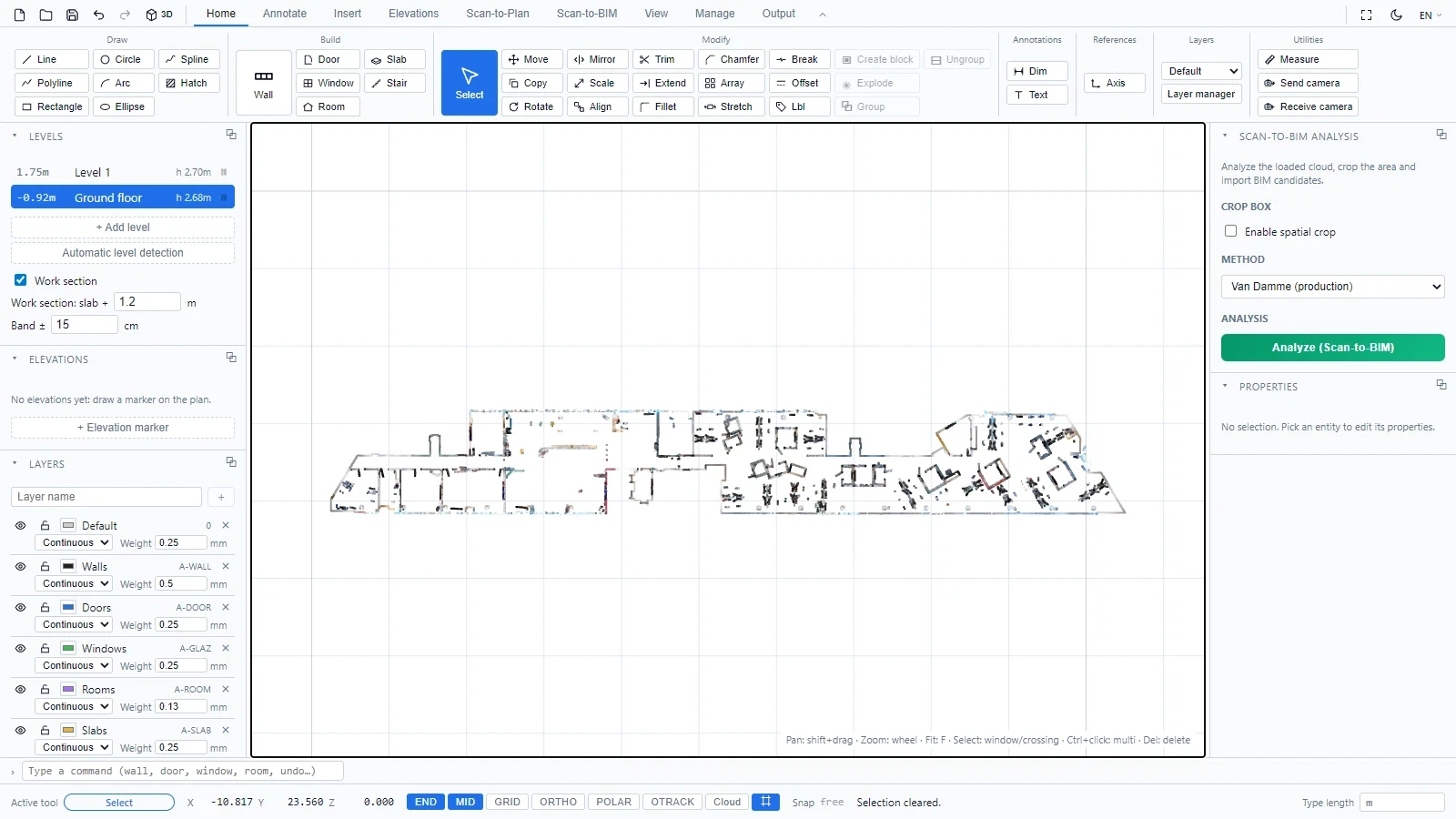 Horizontal work section through a point cloud