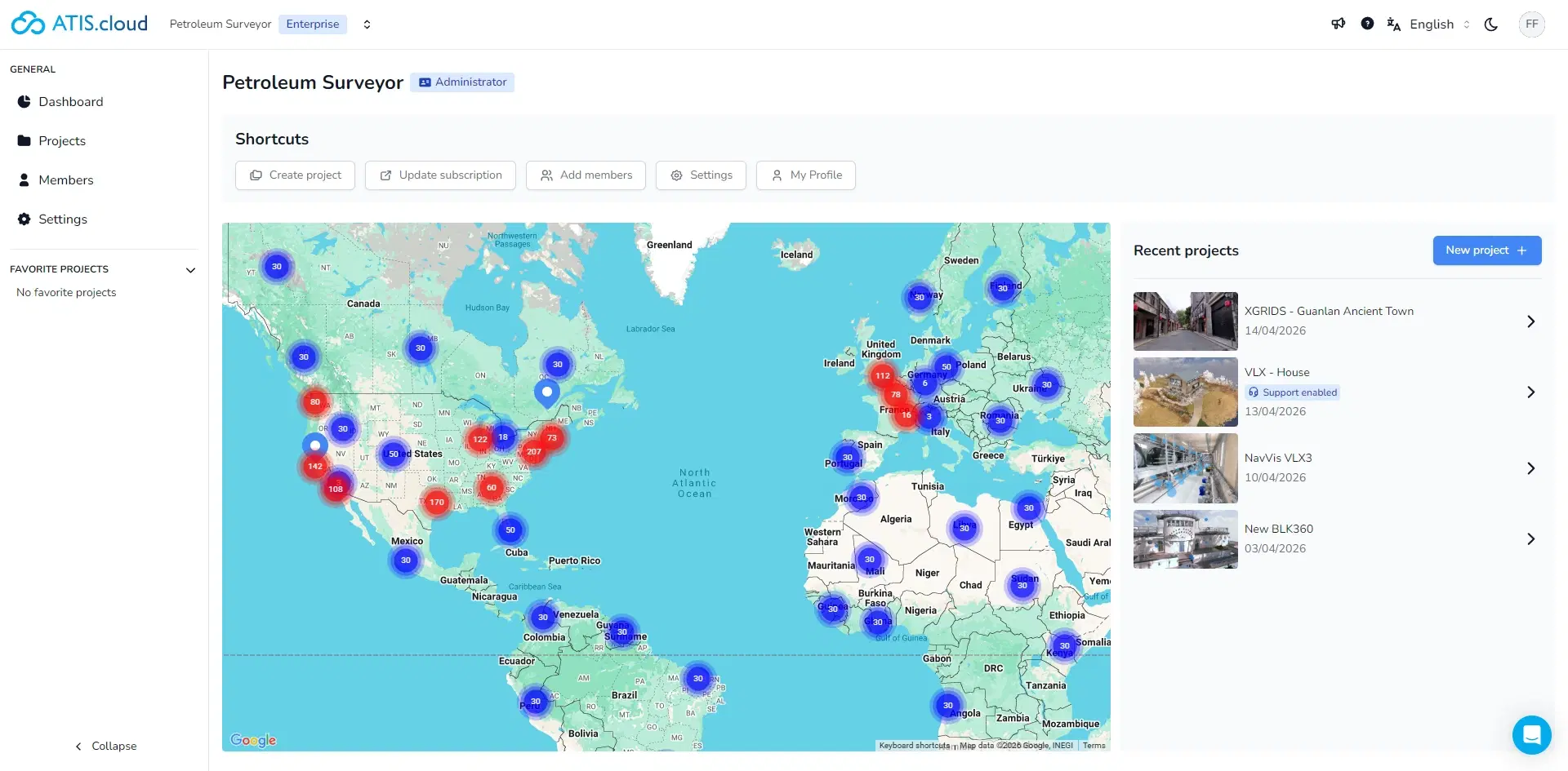 ATIS.cloud interface, dashboard with georeferenced point cloud visualization on map