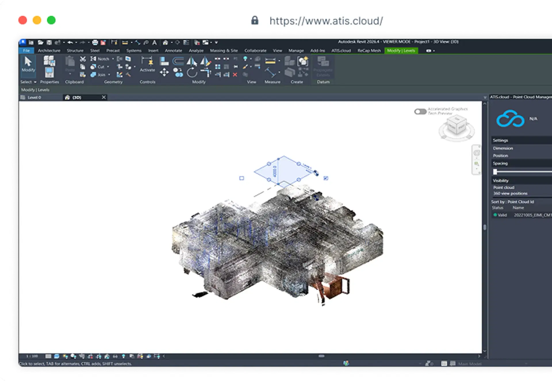 ATIS.cloud-plug-in voor Autodesk Revit: puntenwolk gestreamd in Revit